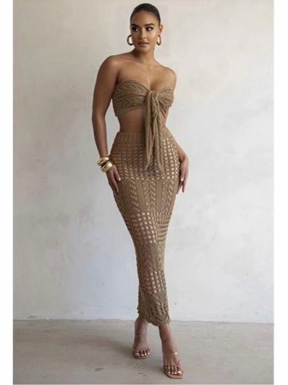 JLUX Label tan knit tube top midi skirt two piece set M
